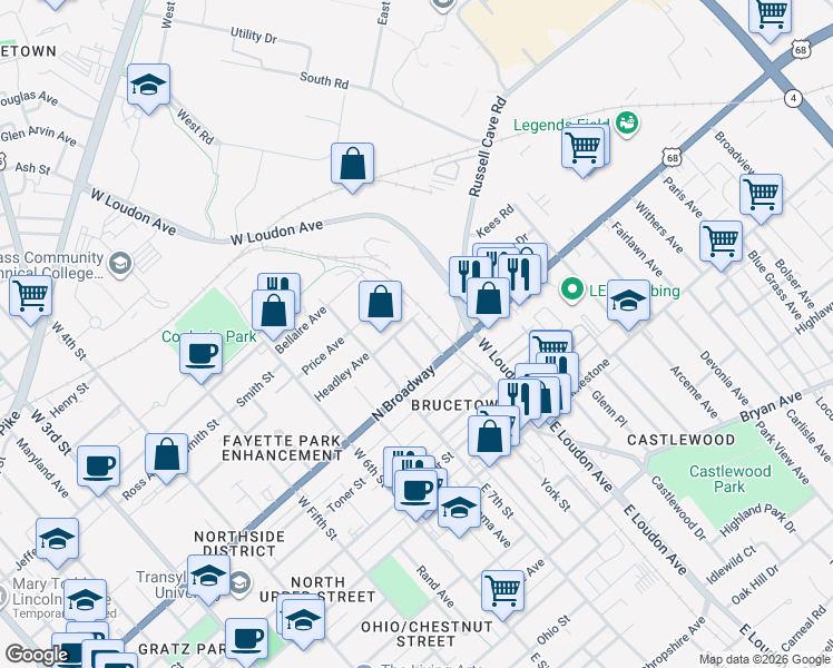 map of restaurants, bars, coffee shops, grocery stores, and more near 406 Granard Avenue in Lexington
