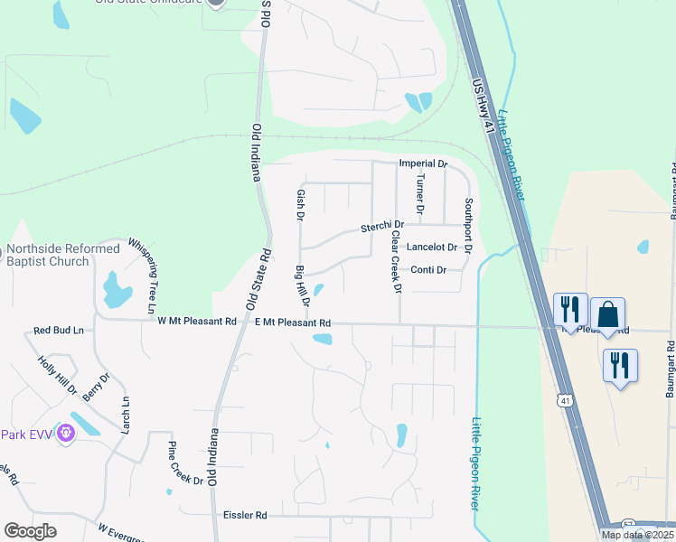 map of restaurants, bars, coffee shops, grocery stores, and more near 8900 Mallory Court in Evansville