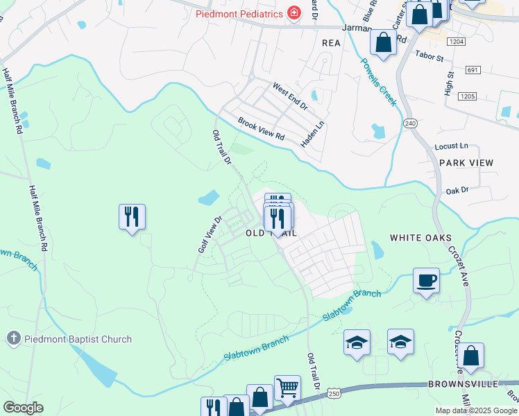 map of restaurants, bars, coffee shops, grocery stores, and more near 1236 Old Trail Drive in Crozet