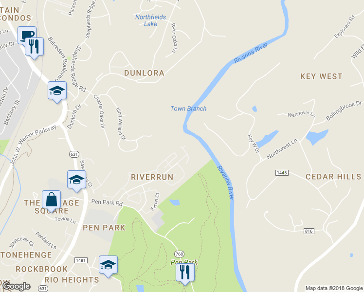 map of restaurants, bars, coffee shops, grocery stores, and more near 1015 Stirling Court in Charlottesville