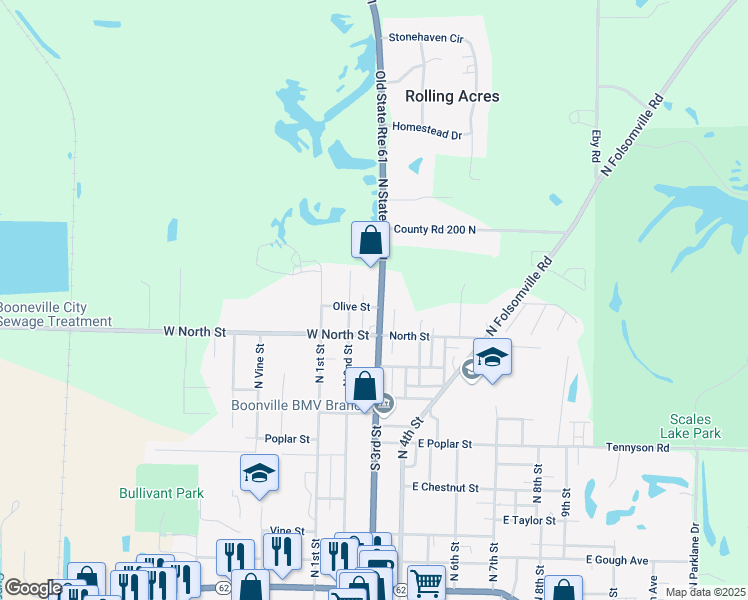 map of restaurants, bars, coffee shops, grocery stores, and more near 114 Olive Street in Boonville