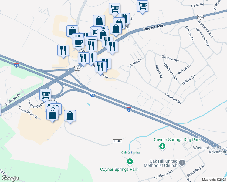 map of restaurants, bars, coffee shops, grocery stores, and more near 31 Windigrove Drive in Waynesboro