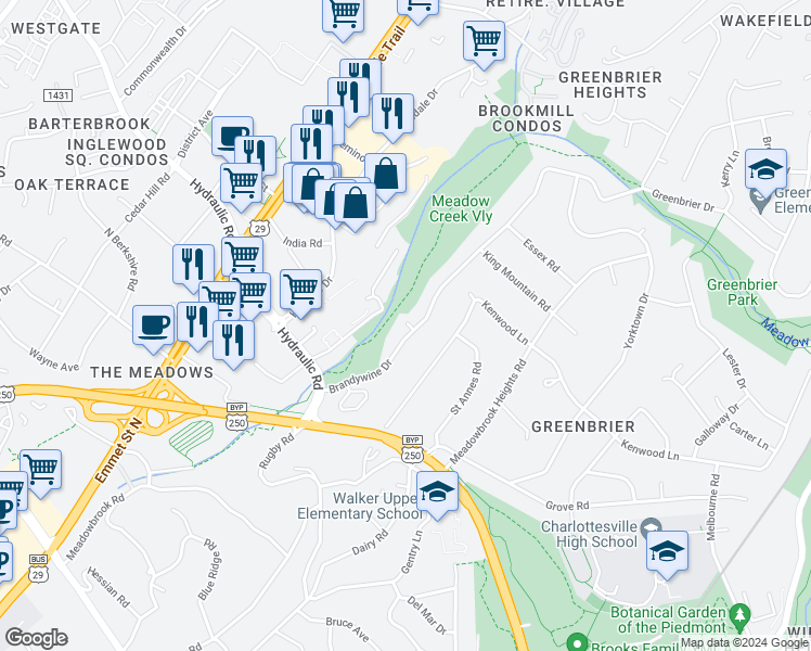 map of restaurants, bars, coffee shops, grocery stores, and more near 1617 Brandywine Drive in Charlottesville
