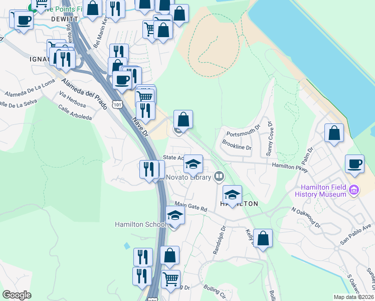 map of restaurants, bars, coffee shops, grocery stores, and more near 803 State Access Road in Novato