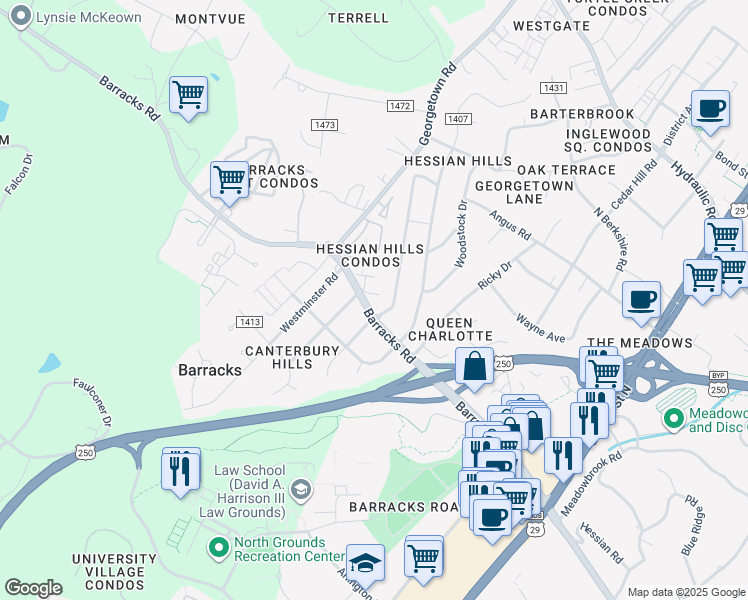 map of restaurants, bars, coffee shops, grocery stores, and more near 100 Chaucer Road in Charlottesville