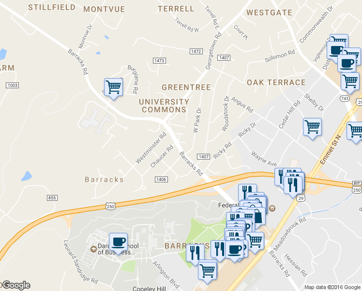 map of restaurants, bars, coffee shops, grocery stores, and more near 100 Chaucer Road in Charlottesville