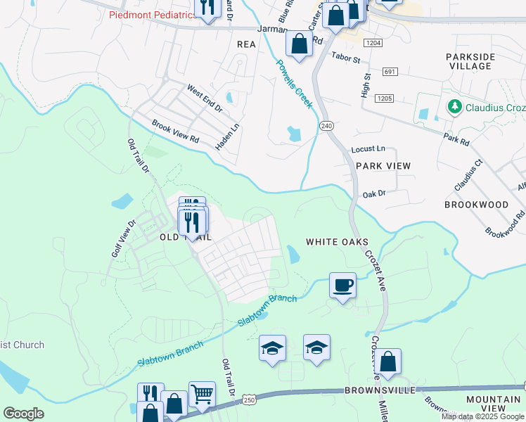 map of restaurants, bars, coffee shops, grocery stores, and more near 3480 Rowcross Street in Crozet