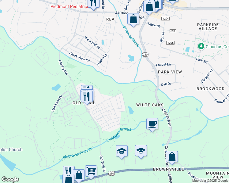 map of restaurants, bars, coffee shops, grocery stores, and more near Rowcross Street in Crozet