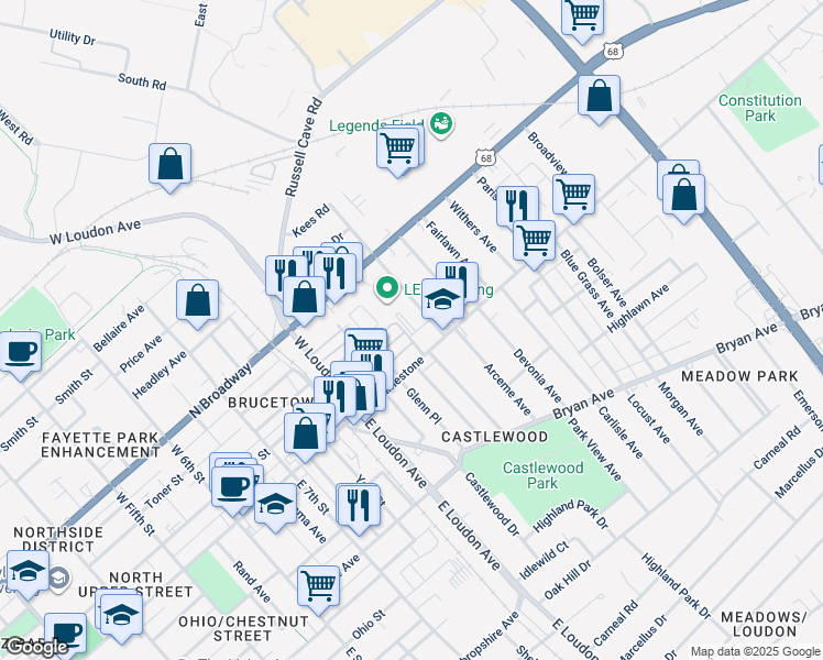 map of restaurants, bars, coffee shops, grocery stores, and more near 1011 North Limestone in Lexington