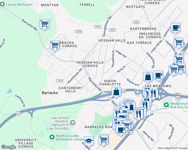 map of restaurants, bars, coffee shops, grocery stores, and more near 111 West Park Drive in Charlottesville