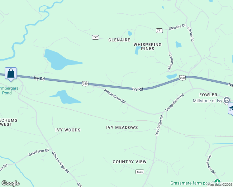 map of restaurants, bars, coffee shops, grocery stores, and more near 3738 Morgantown Road in Charlottesville