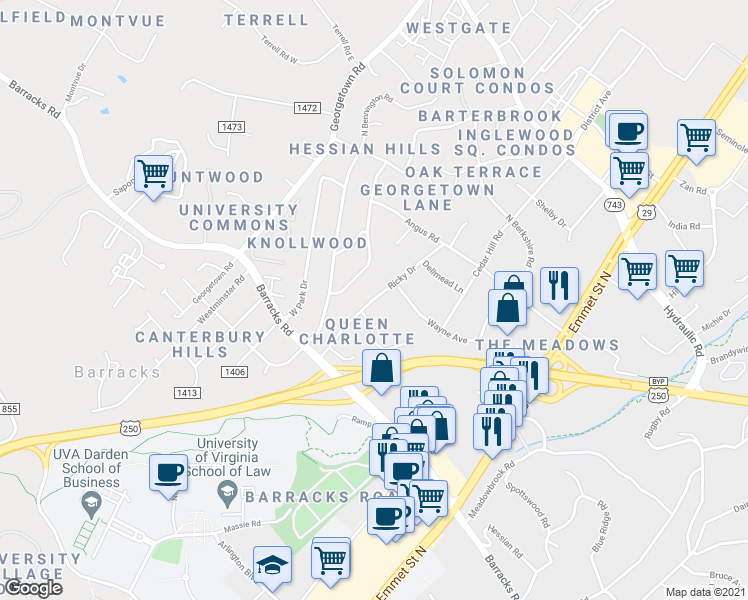 map of restaurants, bars, coffee shops, grocery stores, and more near 1504 Ricky Road in Charlottesville