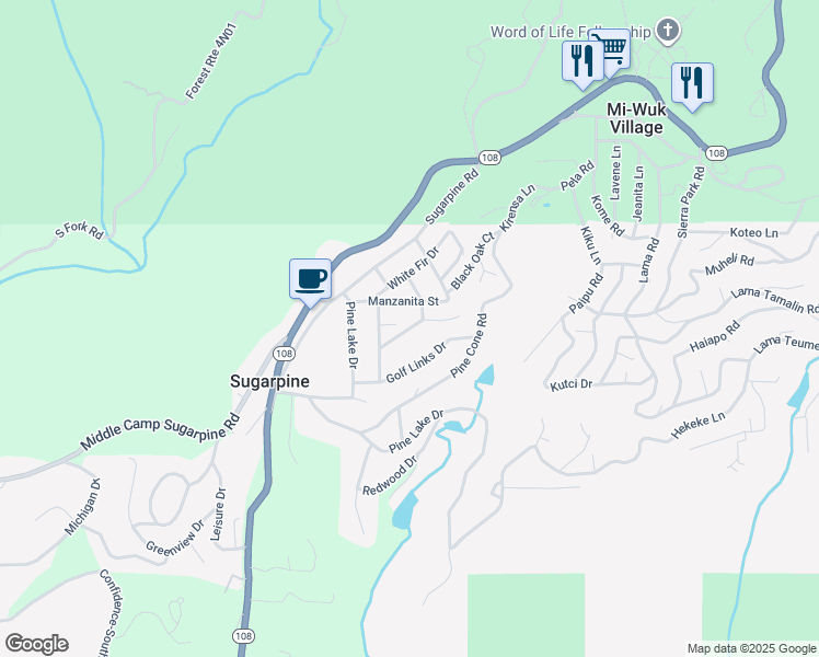 map of restaurants, bars, coffee shops, grocery stores, and more near Red Cedar Street in Twain Harte