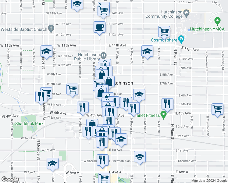 map of restaurants, bars, coffee shops, grocery stores, and more near 18 East 6th Avenue in Hutchinson