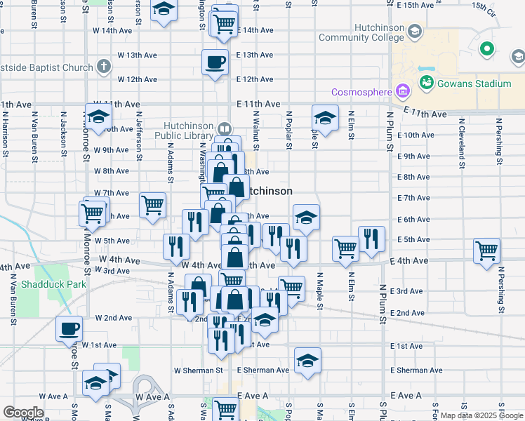 map of restaurants, bars, coffee shops, grocery stores, and more near 102 East 6th Avenue in Hutchinson