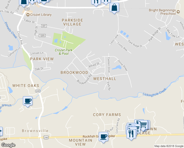 map of restaurants, bars, coffee shops, grocery stores, and more near 5304 Brookwood Road in Crozet
