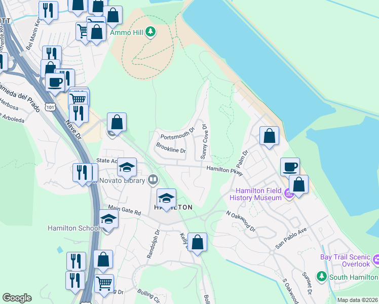 map of restaurants, bars, coffee shops, grocery stores, and more near 118 Chesapeake Lane in Novato