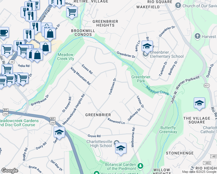 map of restaurants, bars, coffee shops, grocery stores, and more near 1715 Yorktown Drive in Charlottesville