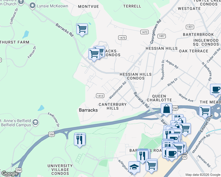 map of restaurants, bars, coffee shops, grocery stores, and more near 201 Westminster Road in Charlottesville