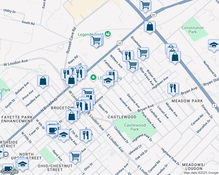 map of restaurants, bars, coffee shops, grocery stores, and more near in Lexington