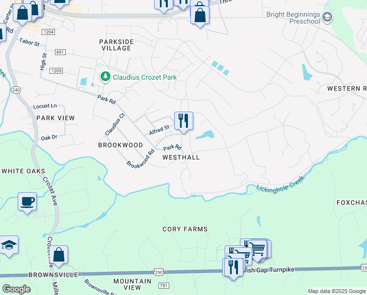 map of restaurants, bars, coffee shops, grocery stores, and more near 5424 Park Road in Crozet