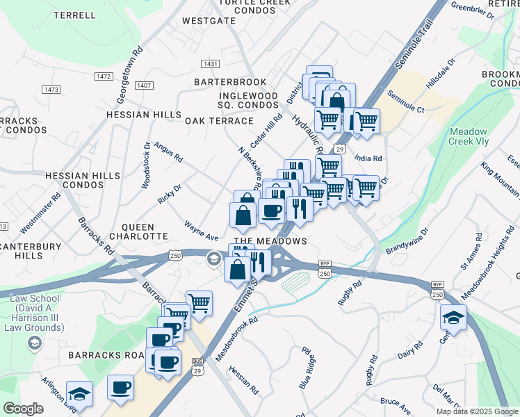 map of restaurants, bars, coffee shops, grocery stores, and more near 2116 Angus Road in Charlottesville