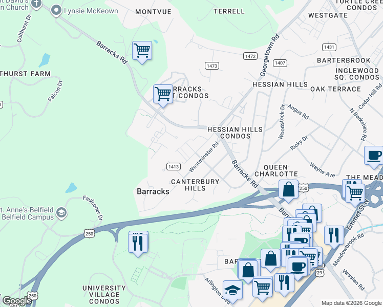 map of restaurants, bars, coffee shops, grocery stores, and more near 201 Westminster Road in Charlottesville