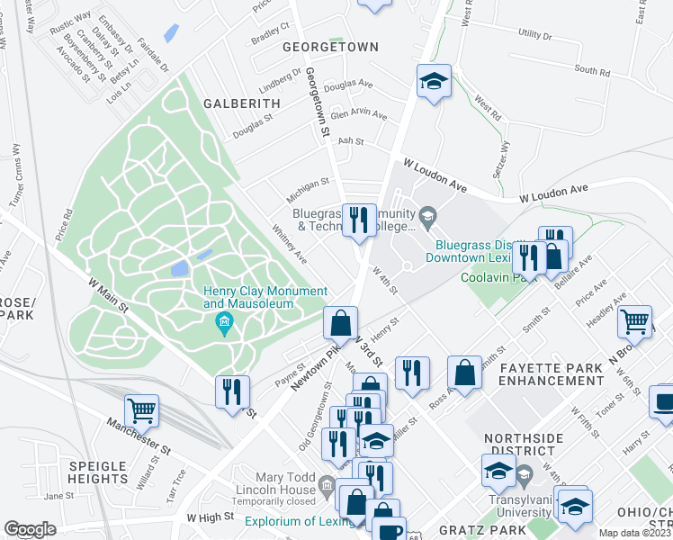 map of restaurants, bars, coffee shops, grocery stores, and more near 726 Charles Avenue in Lexington