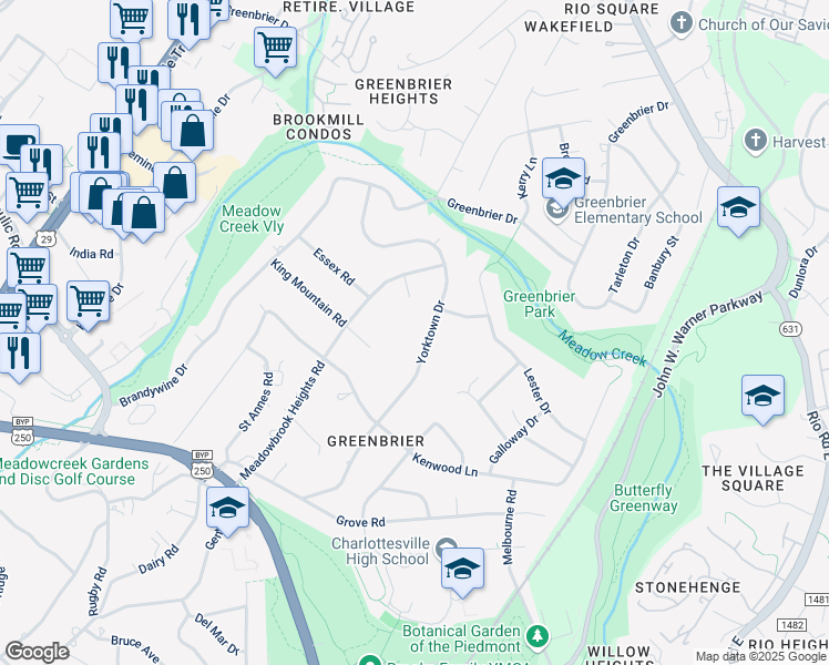 map of restaurants, bars, coffee shops, grocery stores, and more near 1715 Yorktown Drive in Charlottesville