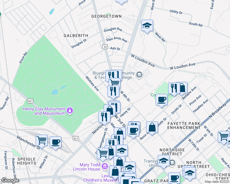 map of restaurants, bars, coffee shops, grocery stores, and more near 377 Georgetown Street in Lexington