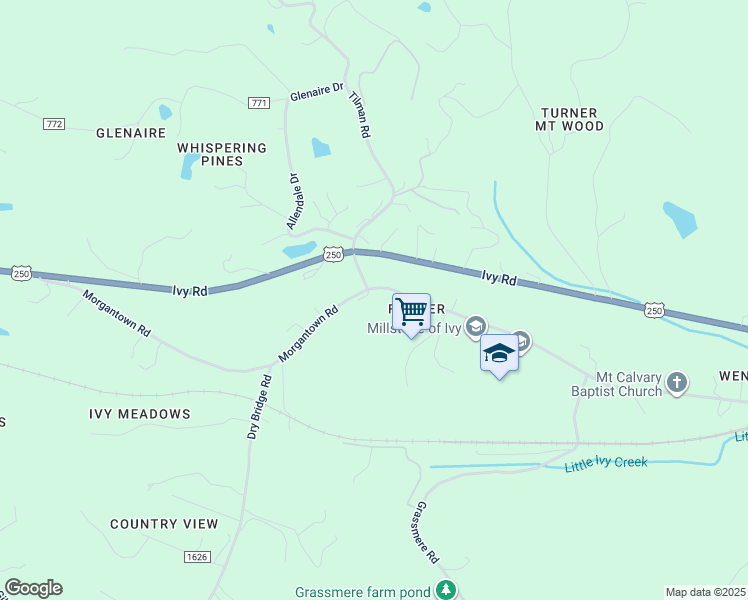 map of restaurants, bars, coffee shops, grocery stores, and more near 3413 Morgantown Road in Charlottesville