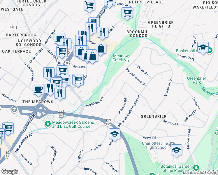 map of restaurants, bars, coffee shops, grocery stores, and more near 1621 Brandywine Drive in Charlottesville