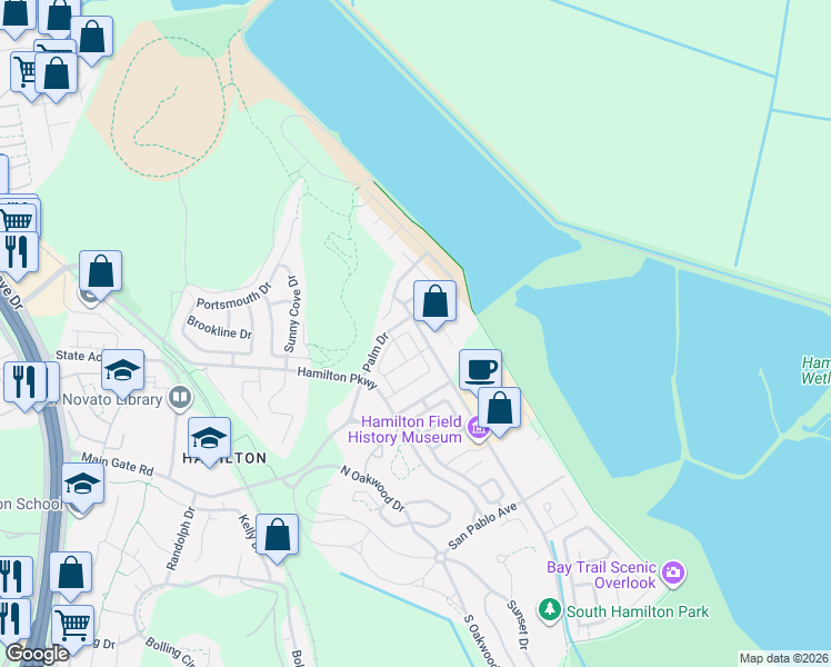 map of restaurants, bars, coffee shops, grocery stores, and more near 79 Gann Way in Novato