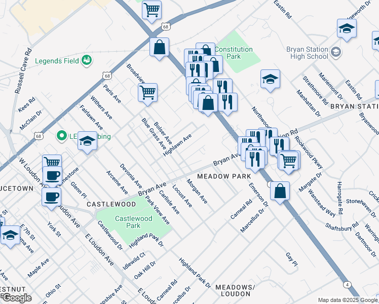 map of restaurants, bars, coffee shops, grocery stores, and more near 1410 1/2 Edgelawn Avenue in Lexington