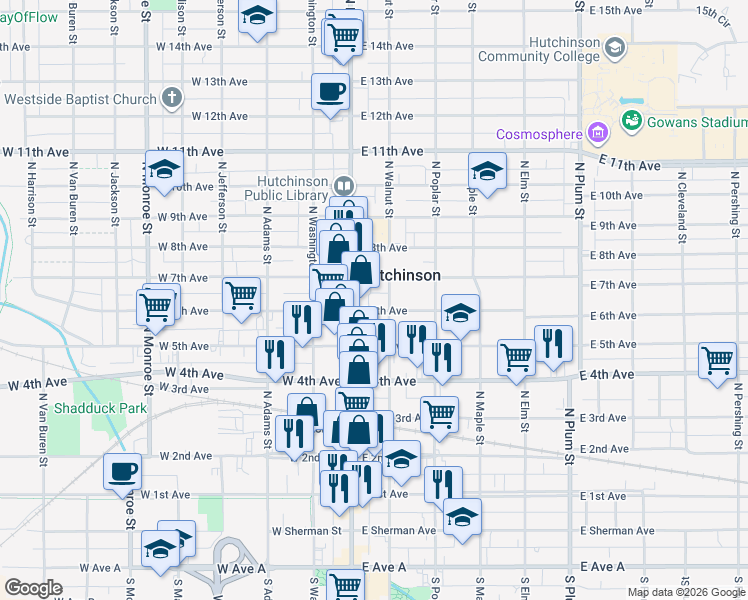 map of restaurants, bars, coffee shops, grocery stores, and more near 102 East 6th Avenue in Hutchinson