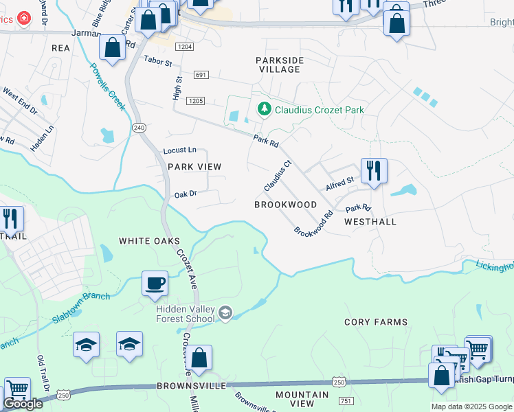 map of restaurants, bars, coffee shops, grocery stores, and more near 905 Claudius Court in Crozet