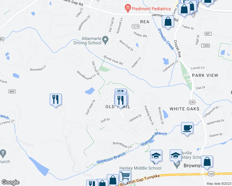 map of restaurants, bars, coffee shops, grocery stores, and more near Mornington Lane in Crozet