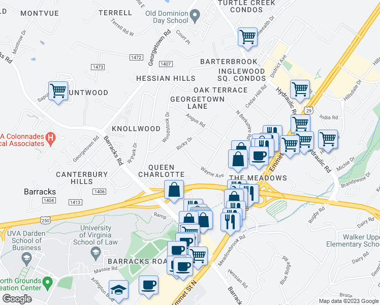 map of restaurants, bars, coffee shops, grocery stores, and more near 2311 Wayne Avenue in Charlottesville