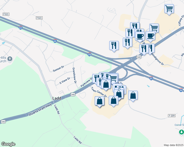 map of restaurants, bars, coffee shops, grocery stores, and more near 82 Parkview Drive in Waynesboro