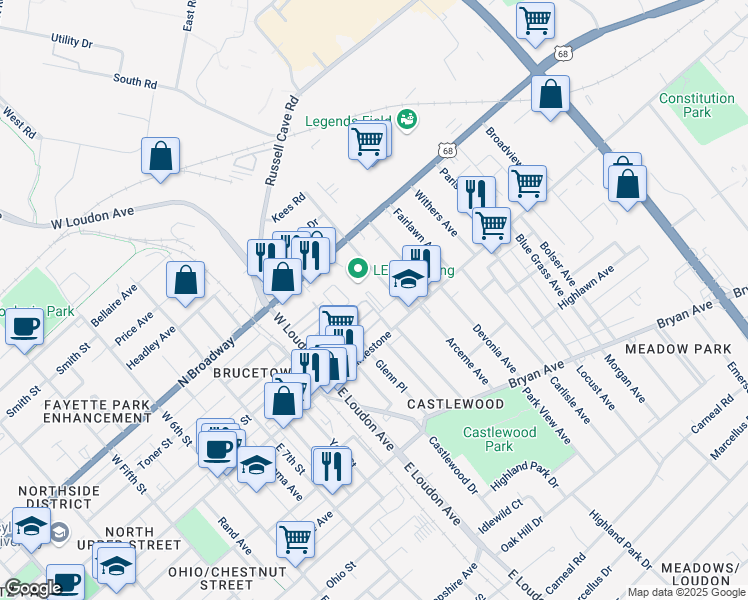 map of restaurants, bars, coffee shops, grocery stores, and more near 1011 North Limestone in Lexington