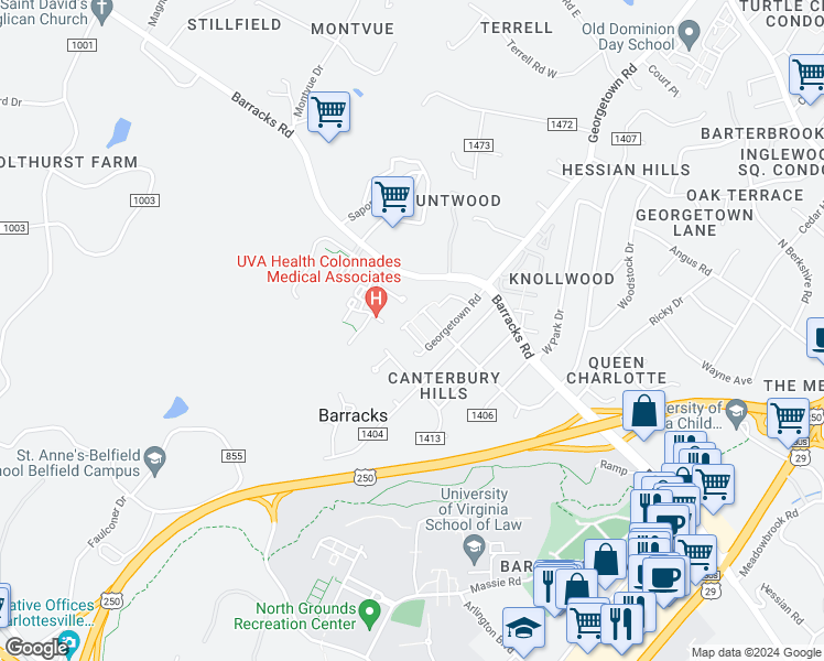 map of restaurants, bars, coffee shops, grocery stores, and more near 2776 Town Mews Lane in Charlottesville