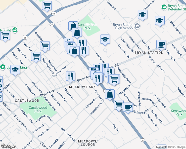 map of restaurants, bars, coffee shops, grocery stores, and more near 304 East New Circle Road in Lexington