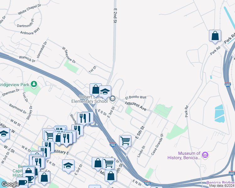 map of restaurants, bars, coffee shops, grocery stores, and more near 62 La Cruz Avenue in Benicia