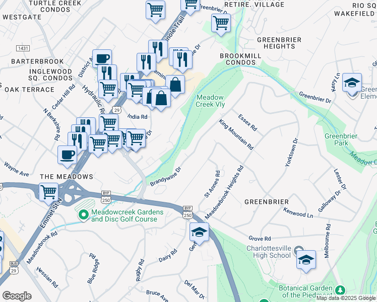 map of restaurants, bars, coffee shops, grocery stores, and more near 1621 Brandywine Drive in Charlottesville