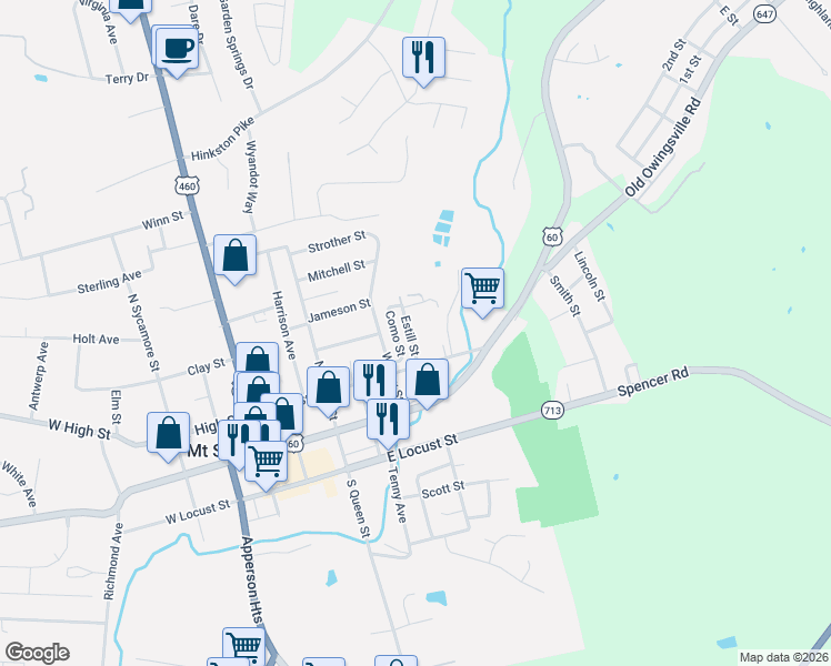 map of restaurants, bars, coffee shops, grocery stores, and more near 511 East High Street in Mount Sterling