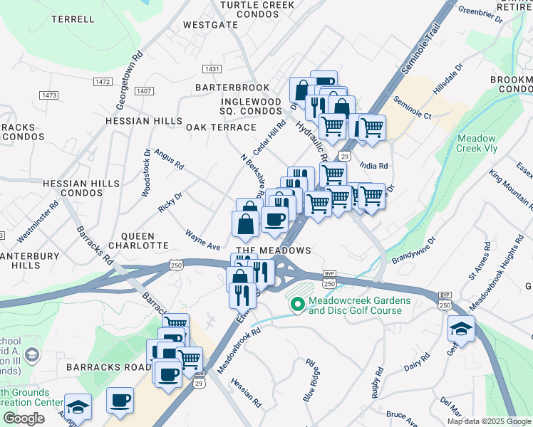map of restaurants, bars, coffee shops, grocery stores, and more near in Charlottesville
