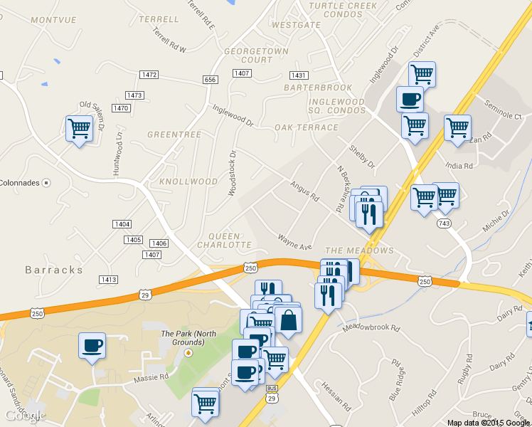 map of restaurants, bars, coffee shops, grocery stores, and more near 2308 Wayne Avenue in Charlottesville