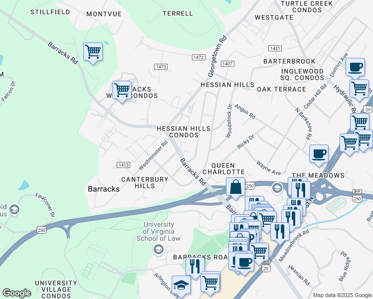 map of restaurants, bars, coffee shops, grocery stores, and more near 100 Chaucer Road in Charlottesville