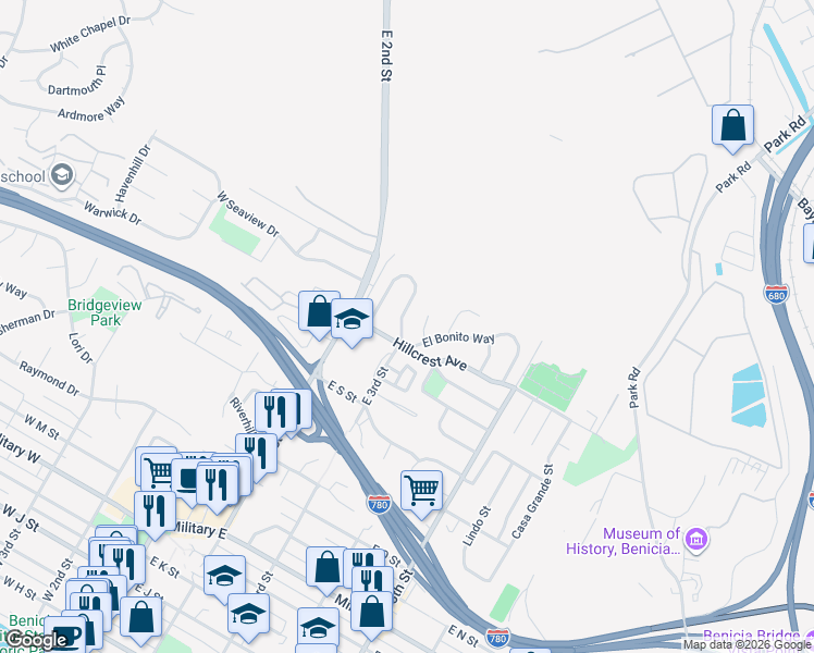 map of restaurants, bars, coffee shops, grocery stores, and more near 59 La Cruz Avenue in Benicia