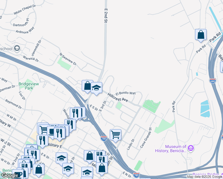 map of restaurants, bars, coffee shops, grocery stores, and more near 59 La Cruz Avenue in Benicia